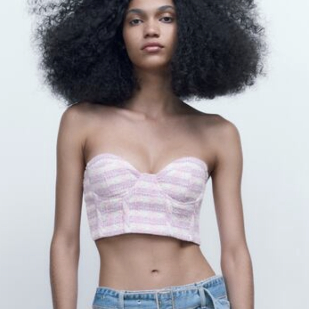 Zara tweed bustier corset top pink purple white small